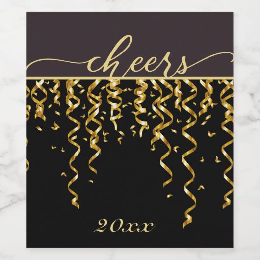 Gold Streamers CHEERT nieuwe jaren Eve Wine Label Wijn Etiket (Enkel label)