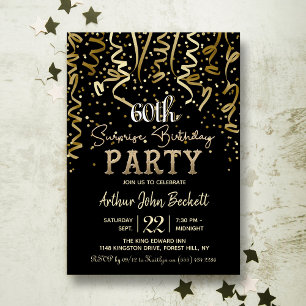 Gold Streamers & Confetti Surprise Birthday Party Kaart
