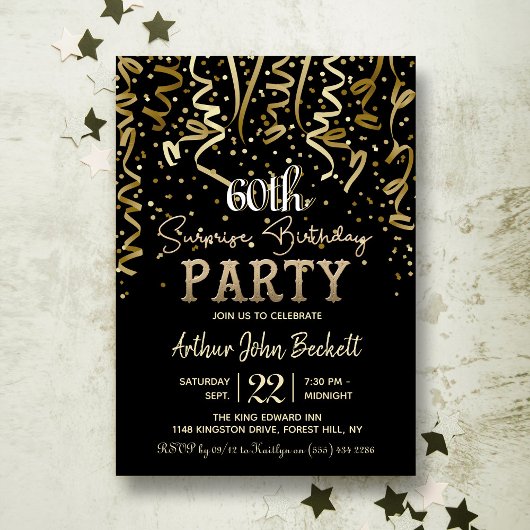 Gold Streamers & Confetti Surprise Birthday Party Kaart