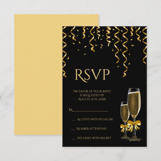 Gold Streamers en Champagne-kerstmis RSVP Kaartje (Voorkant / Achterkant)
