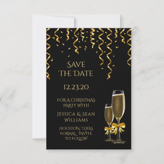 Gold Streamers en Champagne-kerstmis Save The Date (Voorkant)