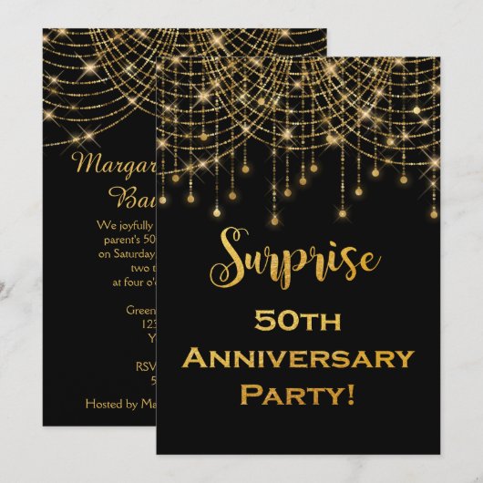 Gold String Lights Gold Text 50th Jubileum Kaart (Voorkant / Achterkant)