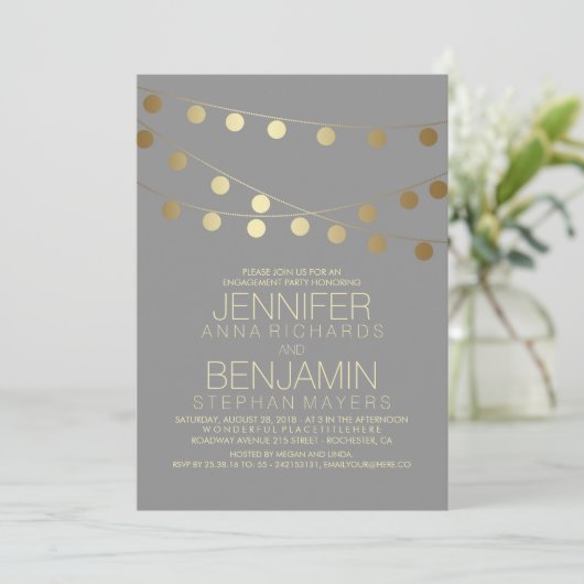 Gold String Lights Modern Engagement Party Kaart (Staand voorkant)