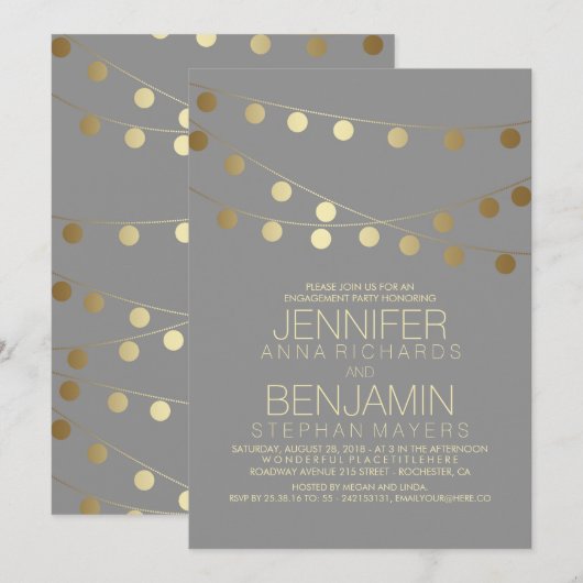 Gold String Lights Modern Engagement Party Kaart (Voorkant / Achterkant)