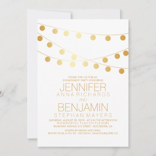 Gold String Lights Modern White Engagement Party Kaart (Voorkant)