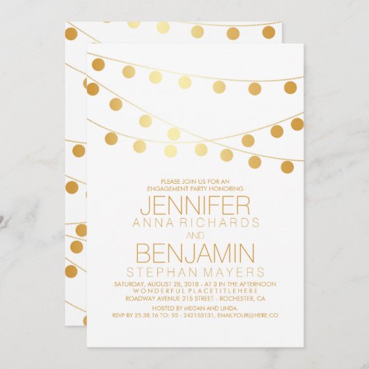 Gold String Lights Modern White Engagement Party Kaart (Voorkant / Achterkant)