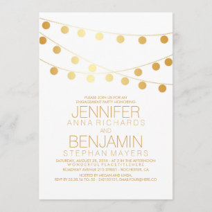 Gold String Lights Modern White Engagement Party Kaart