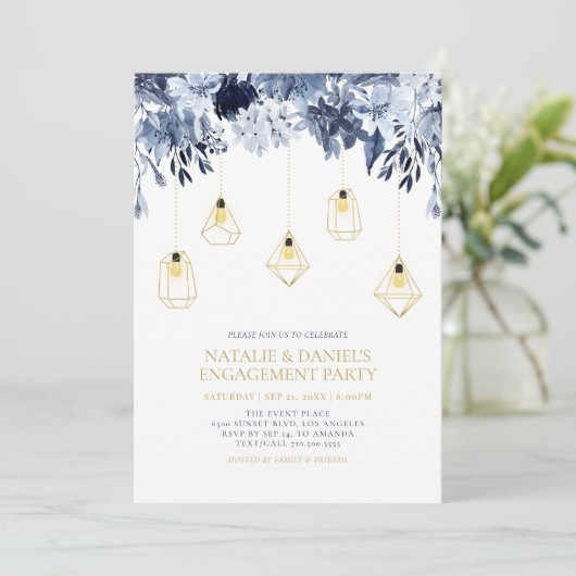 Gold String Lights, Winter Floral Engagement Party Kaart (Staand voorkant)