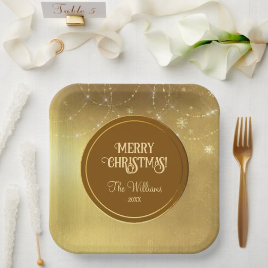 Gold Strings Snowflakes Gold Metallic Papieren Bordje (Huwelijk)