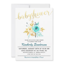 Gold Stripe Blauwgroen Floral Baby shower Invitati