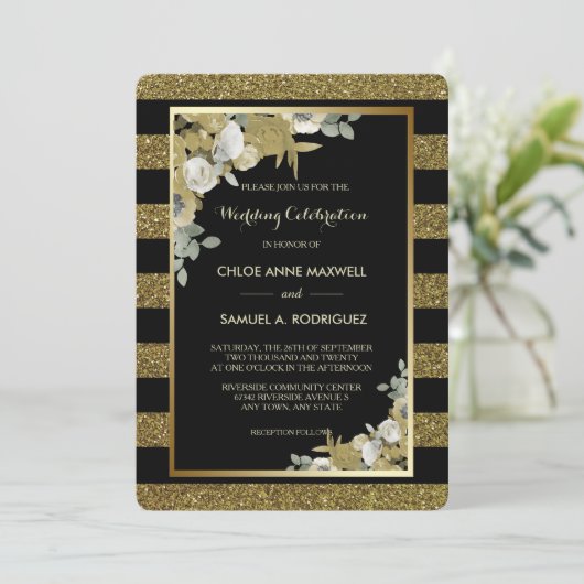 Gold Stripe Bronze Rozen Weddenschap Kaart (Staand voorkant)