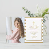 Gold Stripe First Heilige Commune Foto Bedankkaart (Staand voorkant)