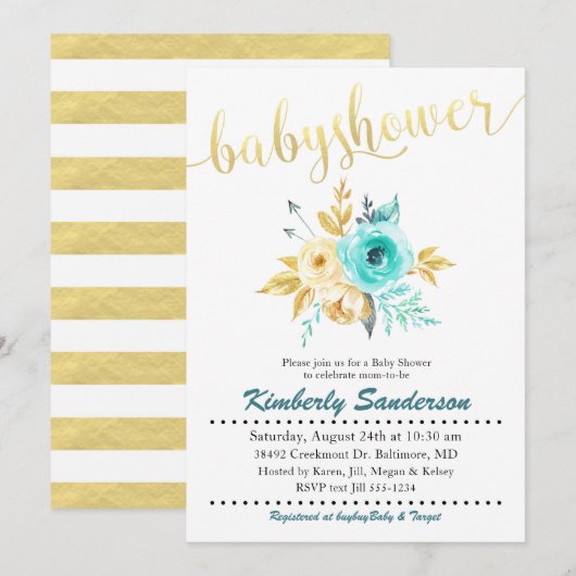 Gold Stripe Floral Baby shower Uitnodiging (Voorkant / Achterkant)