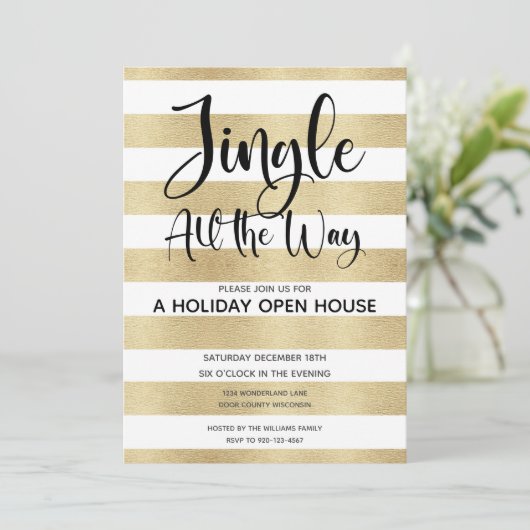 Gold Stripe Jingle All Way Holiday Open House Kaart (Staand voorkant)