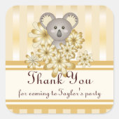 Gold Stripe Koala Baby shower / Kinderverjaardag Vierkante Sticker (Voorkant)