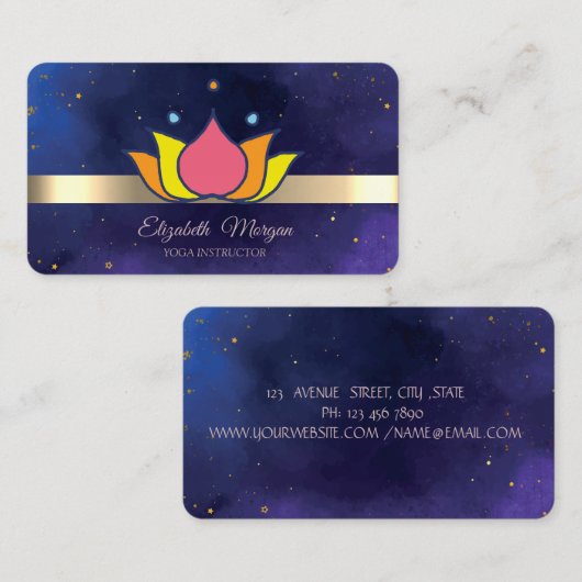 Gold Stripe Lotus Flower Blue Yoga Instructor Visitekaartje (Voorkant / Achterkant)