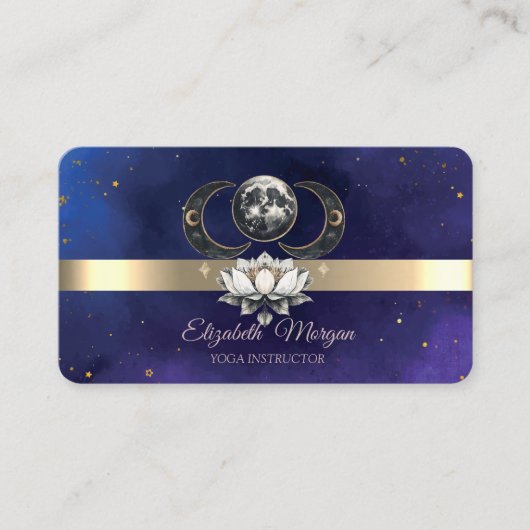 Gold Stripe Lotus Moon Blue Yoga Instructor Visitekaartje (Voorkant)