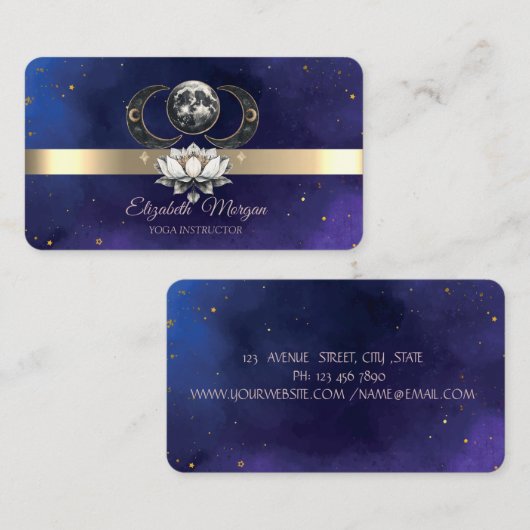 Gold Stripe Lotus Moon Blue Yoga Instructor Visitekaartje (Voorkant / Achterkant)