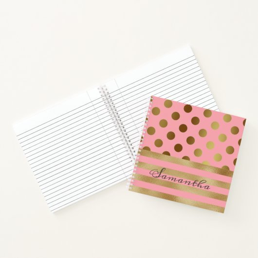 Gold Stripe Polka Dot Name Girly Notitieboek (Binnen)
