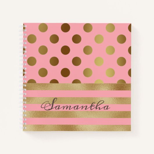 Gold Stripe Polka Dot Name Girly Notitieboek (Voorkant)