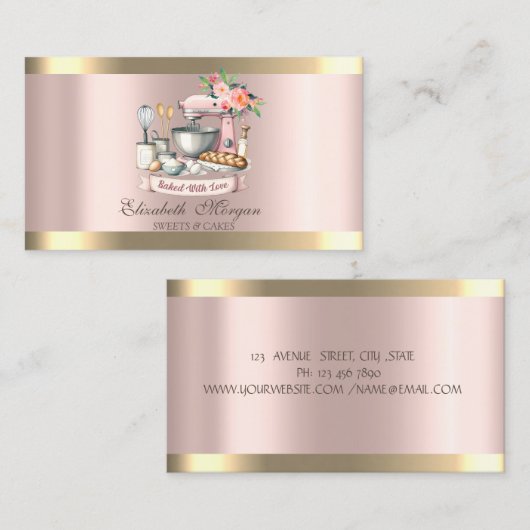 Gold Stripe Roos Gouden Bloemen Bakkerij Mixer Visitekaartje (Voorkant / Achterkant)