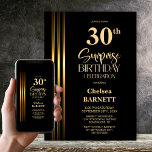 Gold Striped Black 30th Surprise Birthday Party Kaart<br><div class="desc">Make the surprise unforgettable with this stylish gold striped black surprise 30th birthday party invitation. The customizable text templates allow you to add the name of the honored guest, the secret party details, and the venue with ease. Your guest of honor will be in for a night of laughter and...</div>
