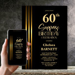Gold Striped Black 60th Surprise Birthday Party Kaart<br><div class="desc">Make the surprise unforgettable with this stylish gold striped black surprise 60th birthday party invitation. The customizable text templates allow you to add the name of the honored guest, the secret party details, and the venue with ease. Your guest of honor will be in for a night of laughter and...</div>