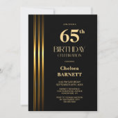 Gold Striped Black 65th Birthday Party Kaart (Voorkant)