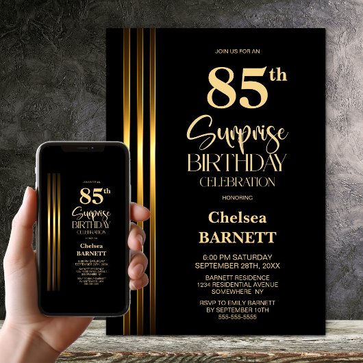 Gold Striped Black 85th Surprise Birthday Party Kaart