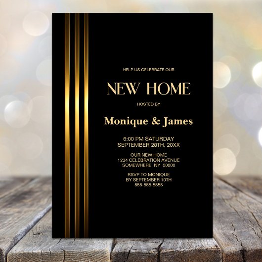 Gold Striped Black Housewarming Party Kaart