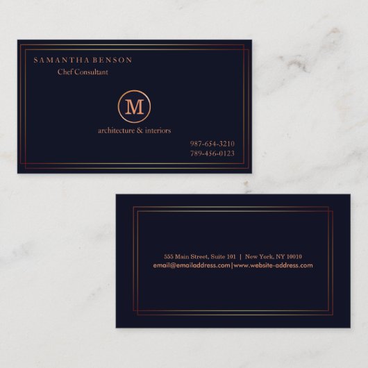 Gold Striped Monogrammed Modern Stylist Blue Visitekaartje (Voorkant / Achterkant)