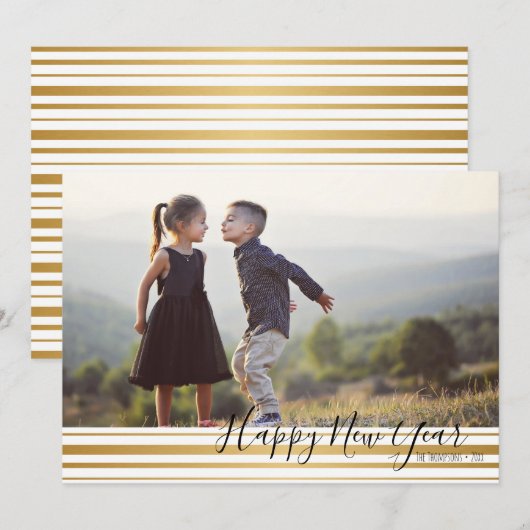 Gold Striped Pattern Happy Nieuwjaarsfotokaart Feestdagenkaart (Voorkant / Achterkant)