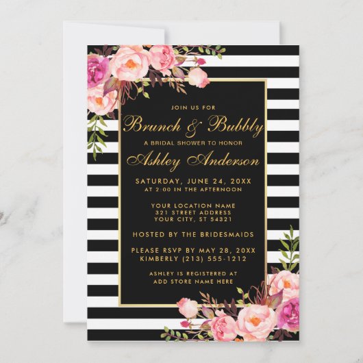 Gold Striped Pink Vrijgezellenfeest Brunch Invite Kaart (Voorkant)