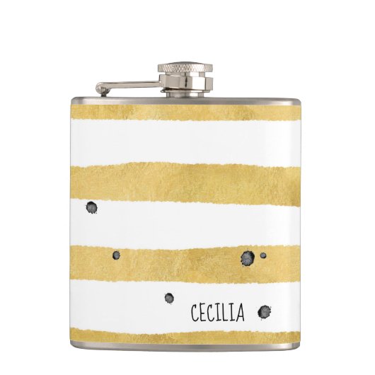 Gold Stripes & Black Stippen Monogram Patroonkolf Heupfles (Voorkant)