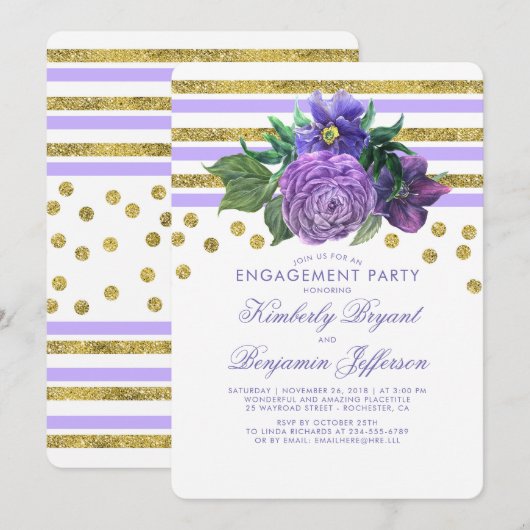 Gold Stripes en Purple Flowers verlovingsfeest Kaart (Voorkant / Achterkant)