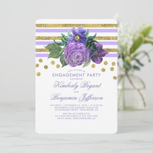 Gold Stripes en Purple Flowers verlovingsfeest Kaart (Staand voorkant)