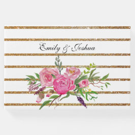 Gold Stripes en roze Flowers Weddenschap Gastenboek