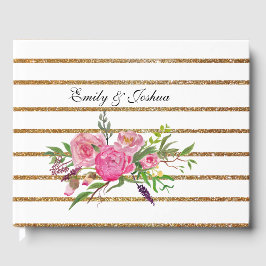 Gold Stripes en roze Flowers Weddenschap Gastenboek