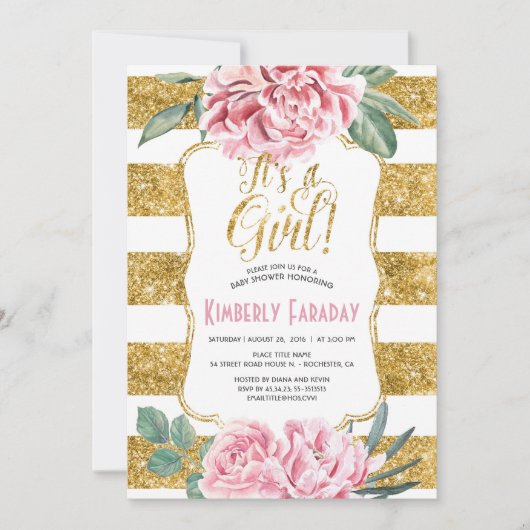 Gold Stripes Floral  Baby shower Kaart (Voorkant)
