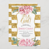 Gold Stripes Floral  Baby shower Kaart (Voorkant / Achterkant)