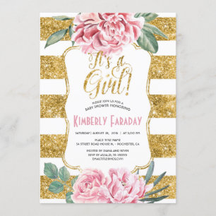 Gold Stripes Floral  Baby shower Kaart