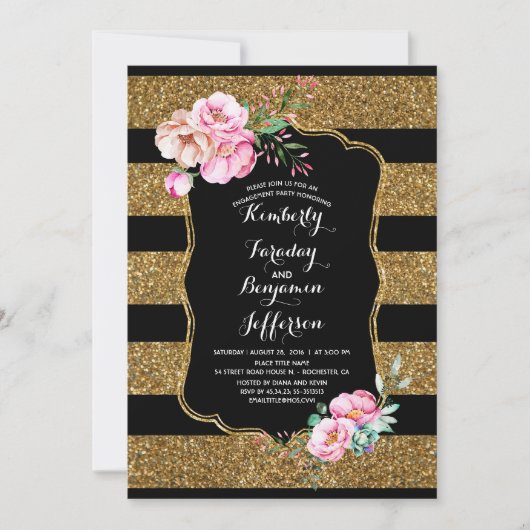 Gold Stripes Floral  Engagement Party Kaart (Voorkant)
