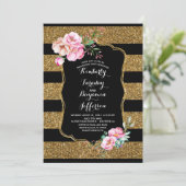 Gold Stripes Floral  Engagement Party Kaart (Staand voorkant)