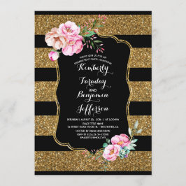 Gold Stripes Floral  Engagement Party Kaart