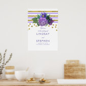 Gold Stripes Floral Lila Paars bruiloft Welkom Poster (Keuken)