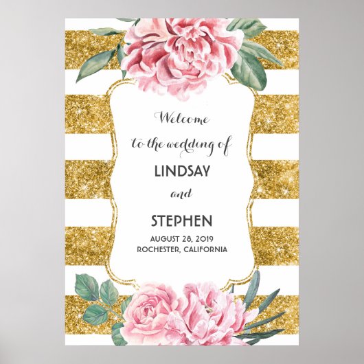 Gold Stripes Floral Pink White Weduwen Welkom Poster (Voorkant)