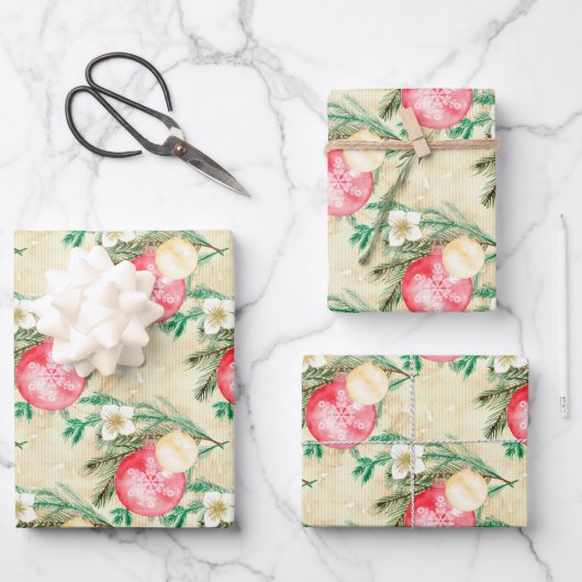 Gold Stripes Roze kerstballen Inpakpapier Vel (Voorkant)