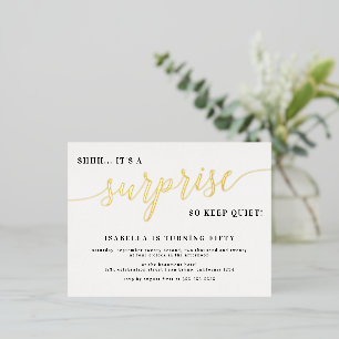 Gold Stylish Folie Script Surprise Birthday Party Folie Uitnodiging Briefkaart