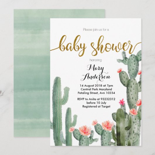 Gold Succulent Summer Baby shower Invitation Roze Kaart (Voorkant / Achterkant)
