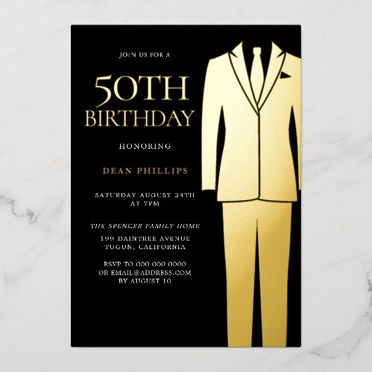 Gold Suit Stropdas Black Mannen 50th Birthday Part Folie Uitnodiging (Voorkant)